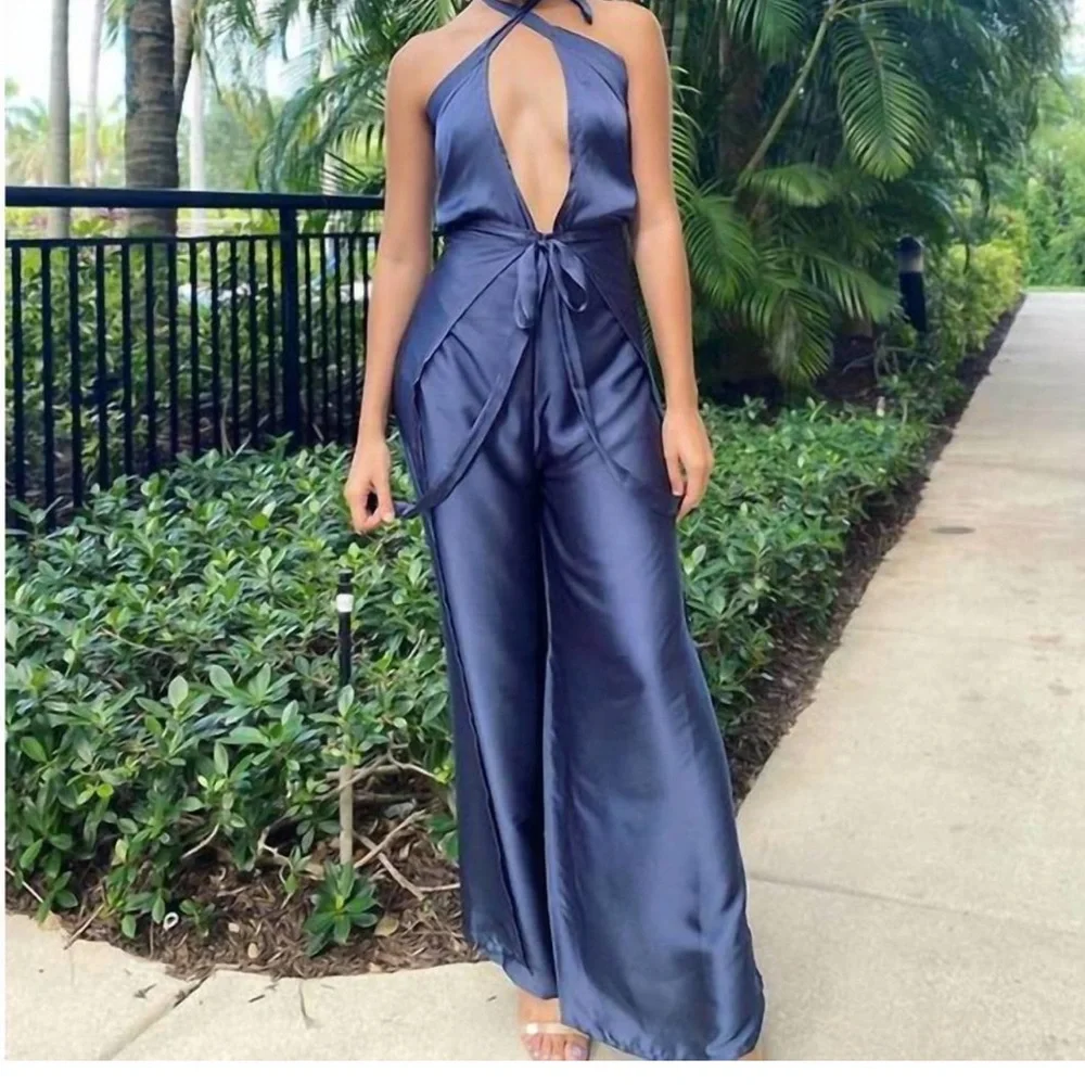 BALIAWEAR standard jumpsuit wrap pants in steel blue satin - Picture 9 of 15